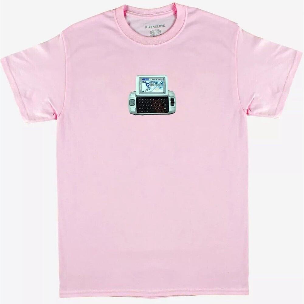 Pizzaslime Pink Signature Short Sleeve Crew Neck Tee Sidekick Phone Graphic SM